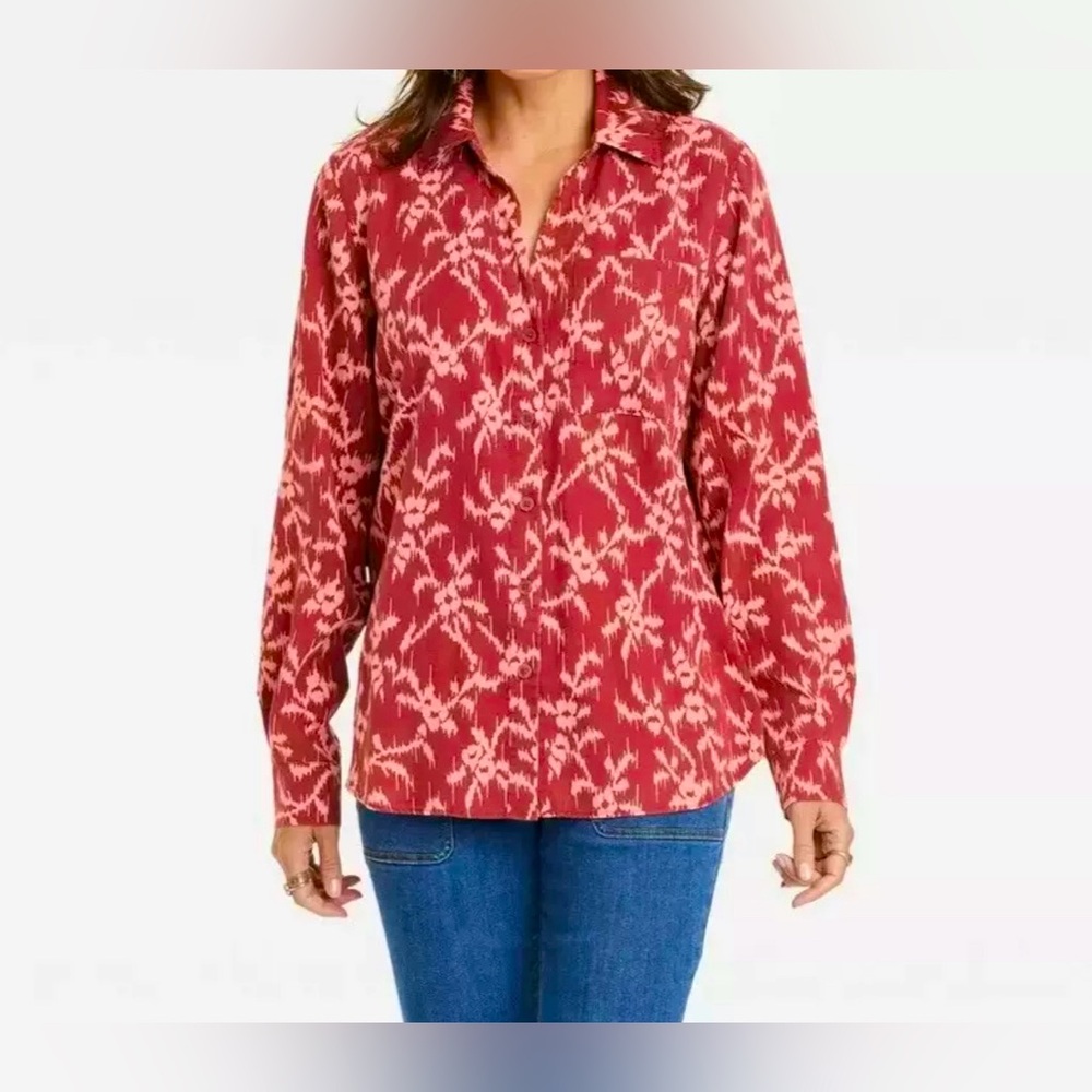 Knox Rose Women Button-Down Shirt, Hi-Low, Hem Pocket Deep-Red, Western Boho NWT